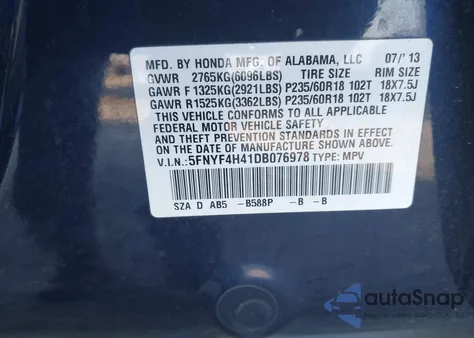 2013 Honda Pilot Ex из США, поврежденный, VIN 5FNYF4H41DB076978